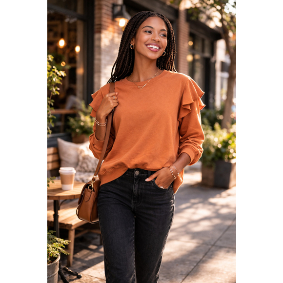 Drop Tops - The Drop Rust Ruffle Shoulder Sweatshirt Large Soft Modal Blend Casual